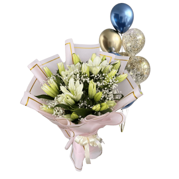 A bouquet of white tulips with a balloon view 1