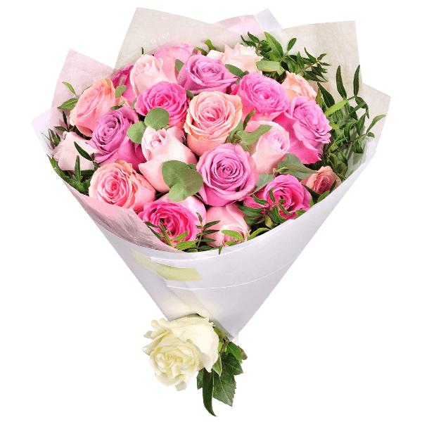 Pink Rose Bouquet with White Wrap and Cake view 2