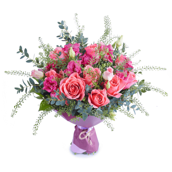 Pink Rose Bouquet with Purple Wrap and Cake view 2