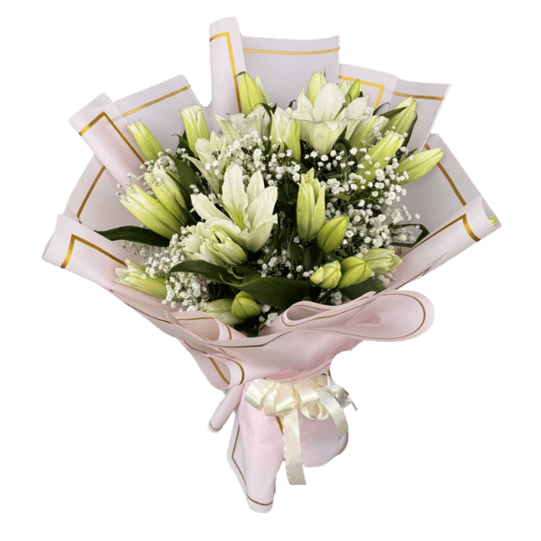 A bouquet of white tulips with a balloon view 2