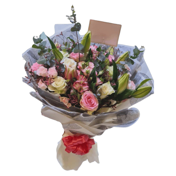 Chocolate tray5 WITH bouquet of white and pink roses view 3