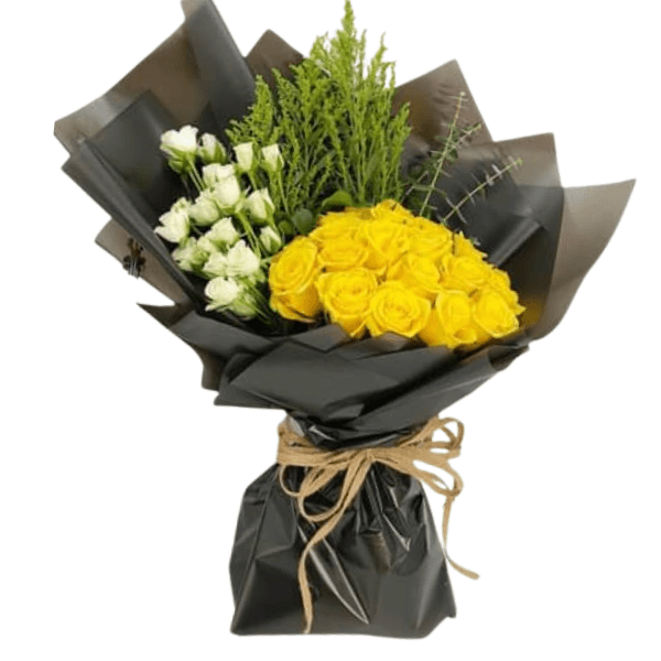 Yellow roses bouquet with gypsum.. view 2