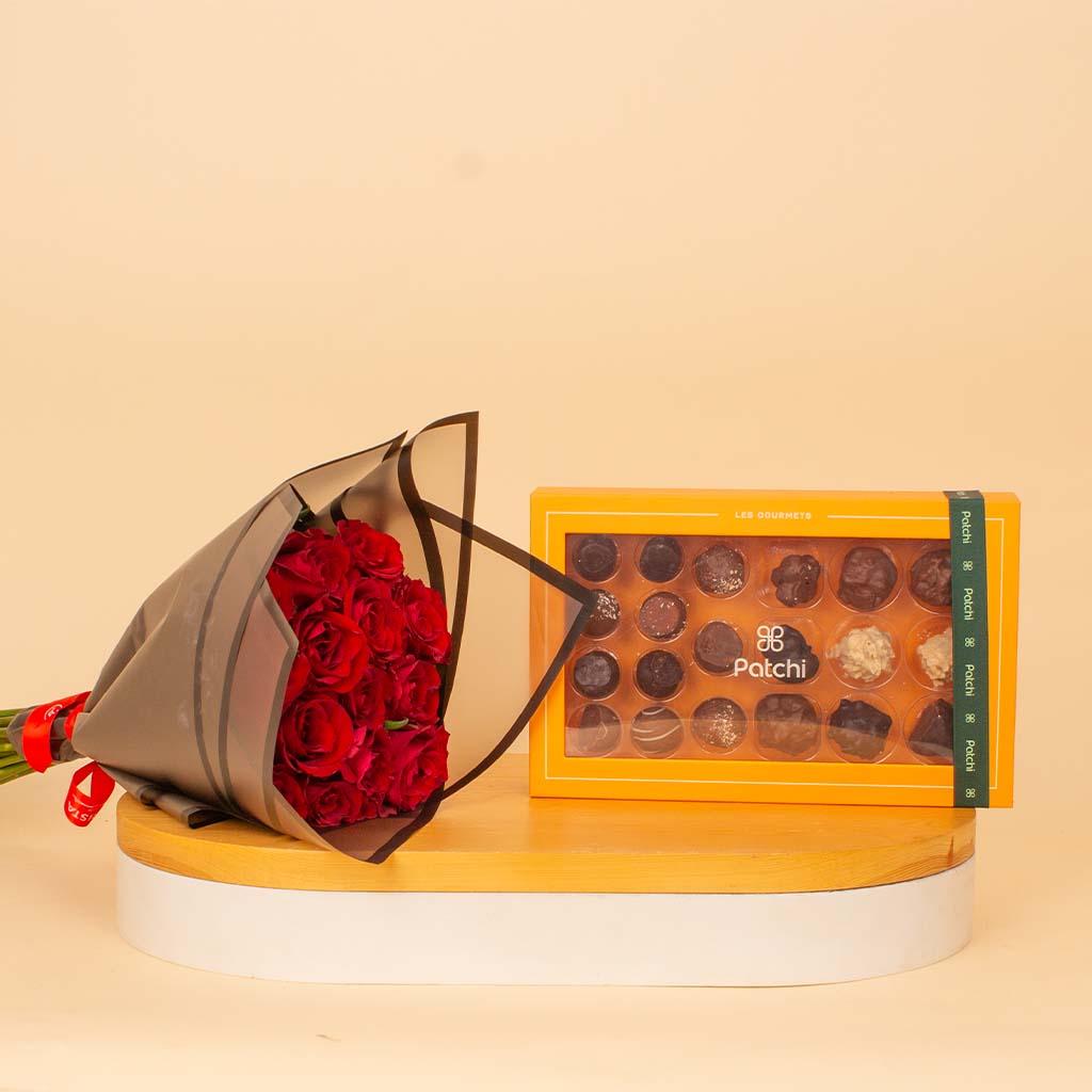 Patchi Les Gourmets 20 pcs & Red Roses Bouquet view 1