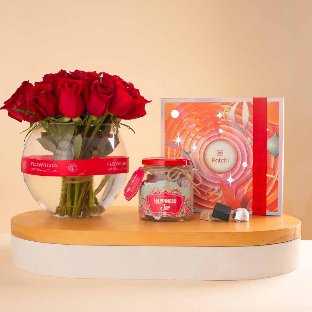 Happiness Jar, Patchi Joyful Moments & 15 Red Roses Vase view 1