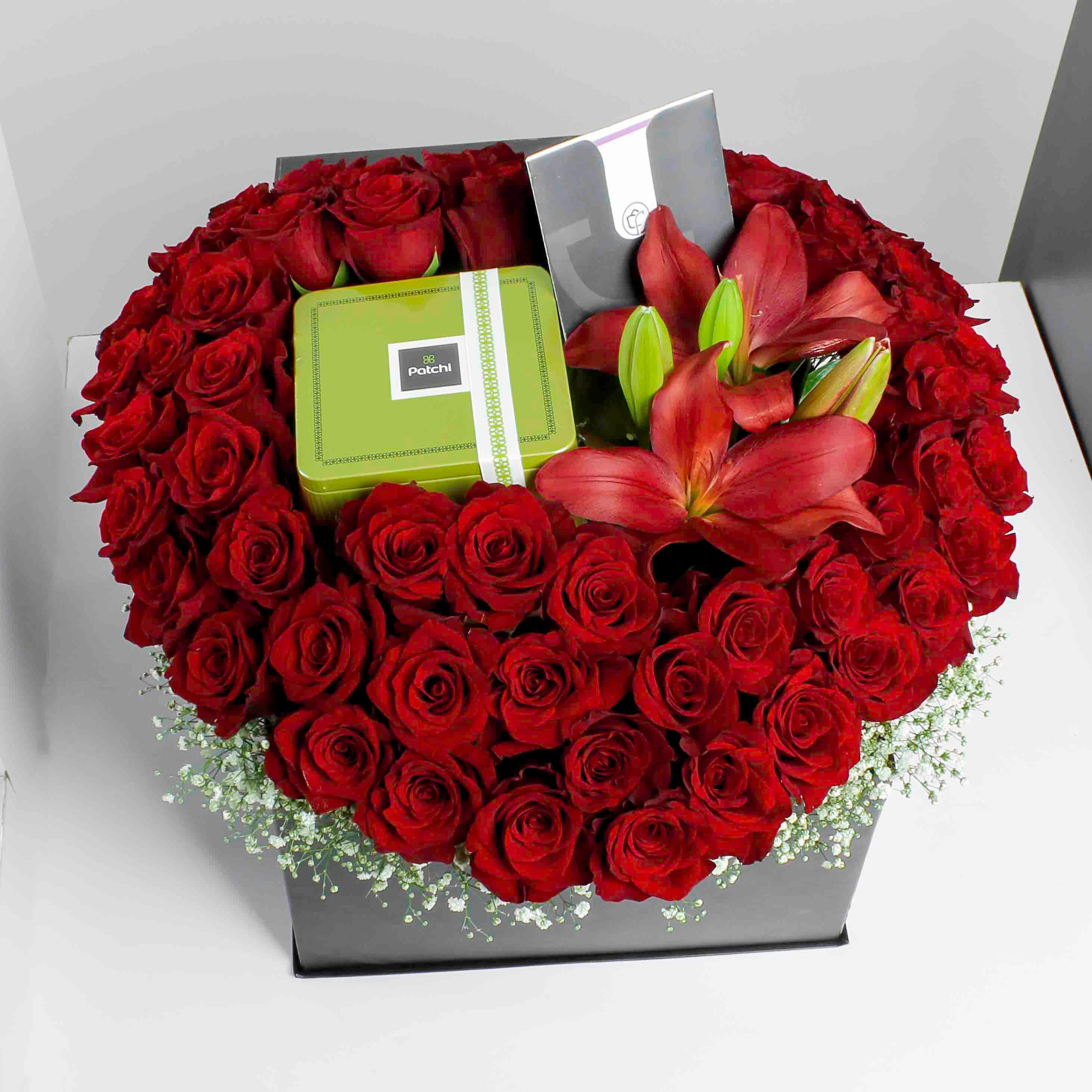 Patchi Chocolate Box and red roses view 3