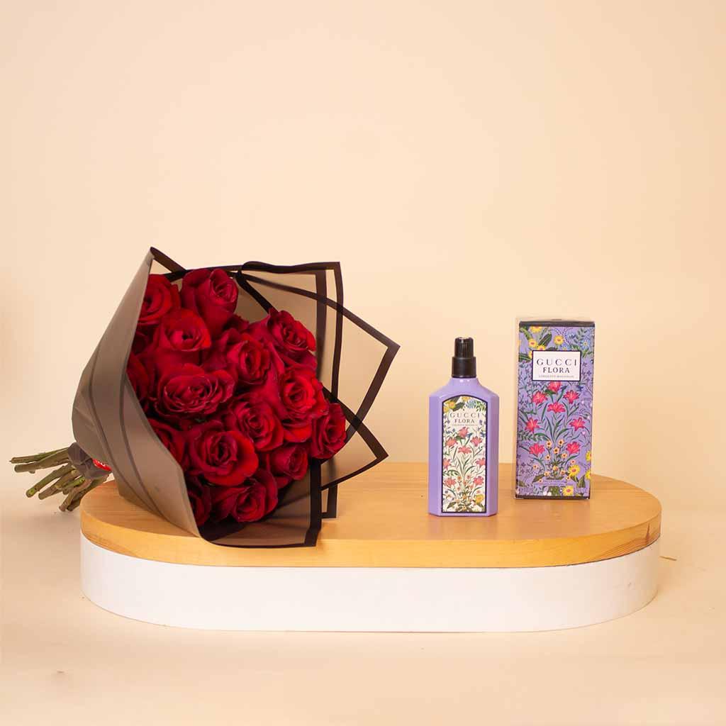 Gucci Flora Gorgeous Magnolia For Her EDP 100ml & 15 Red Roses Bouquet view 1