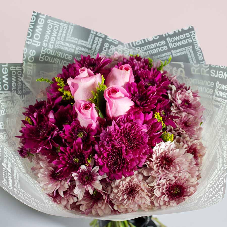 Hand Bouquet with Purple Chrysanthemums & Pink Roses view 2