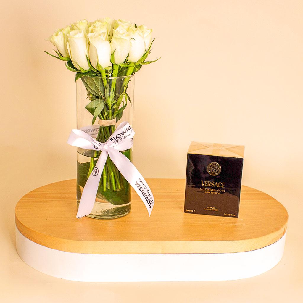 Versace Crystal Noir with White Roses Vase 15 Roses view 2