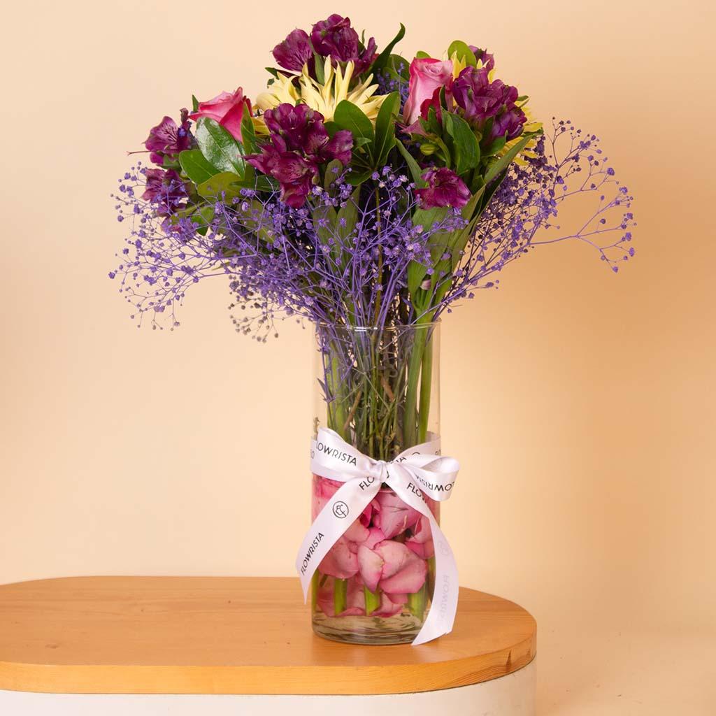 Purple & Pink Mixed Flowers Glass Vase view 1