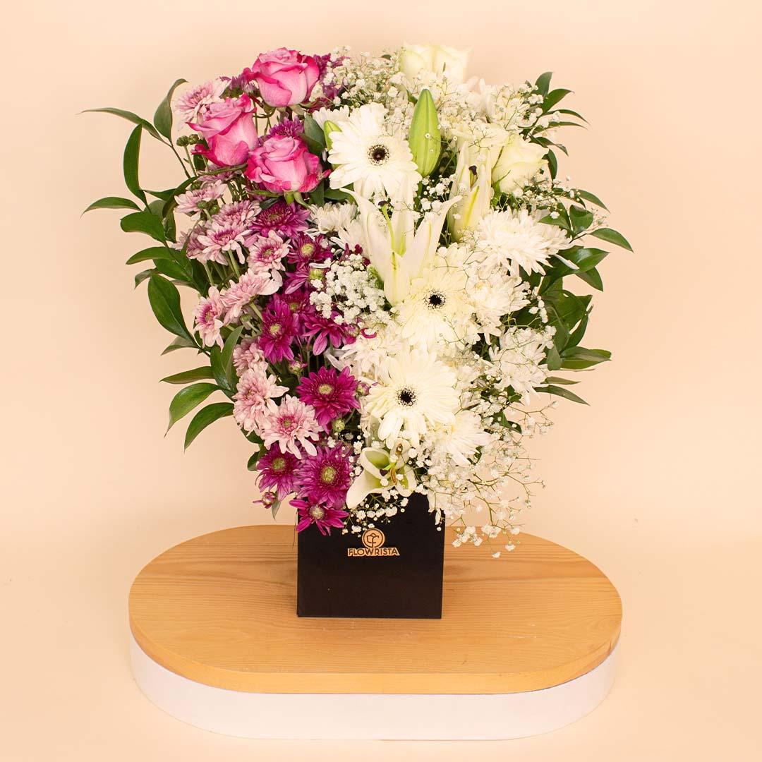 Pink and white flowers bouquet with eucalyptus N view 2