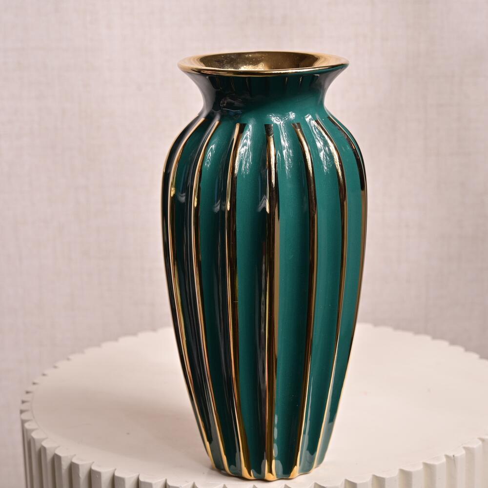 Green and Gold Striped Ceramic Vase 6813