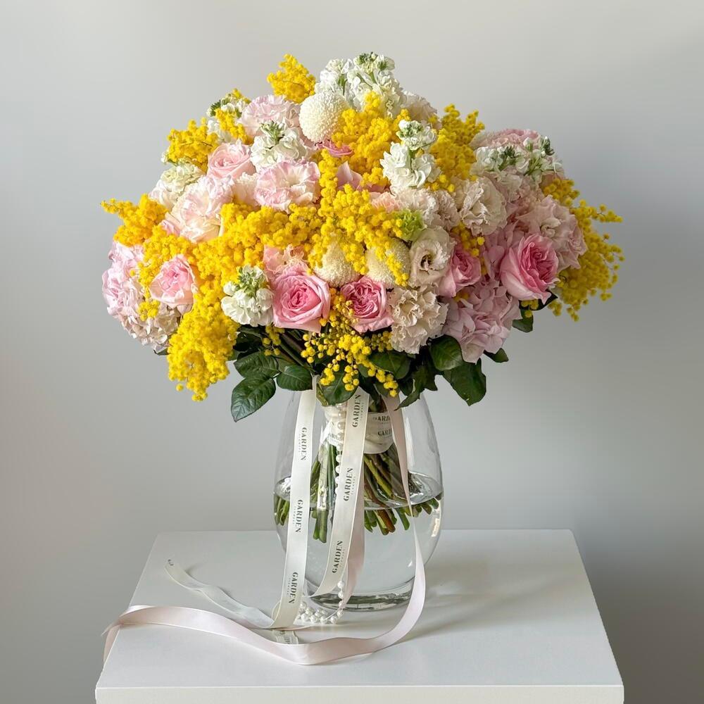 «Spring» bouquet (size L) — mimosa, hydrangea, Ohara rose view 1