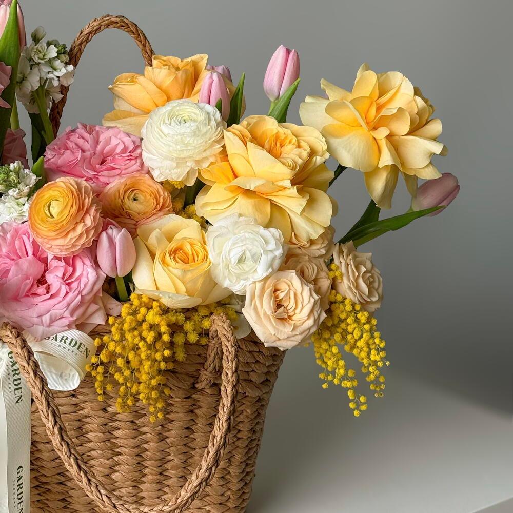 «Capri» basket (50*50 cm)— ranunculus, tulip, O hara rose, mimosa view 2