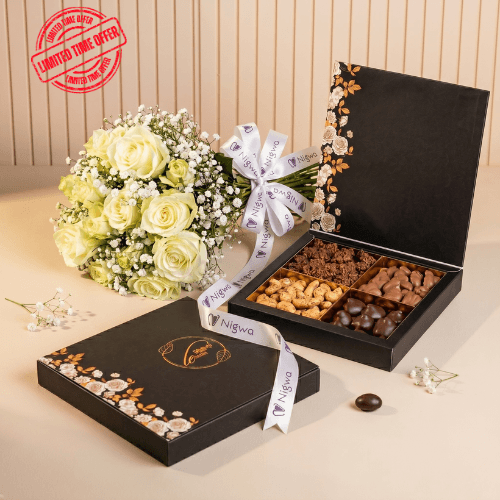 Roche Chocolate 2 with flowers bouquet view 1