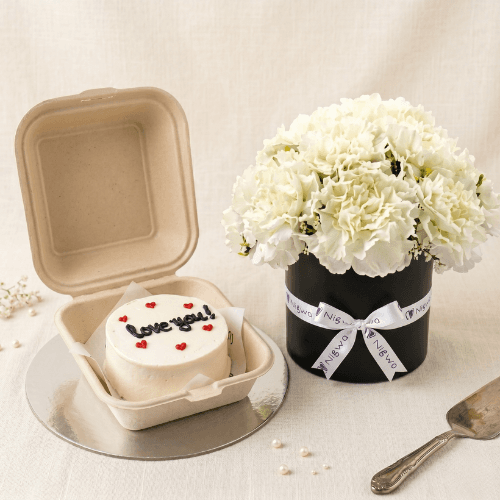 Bento Love Cake | Dark-Chocolate Mini Treat for Two with flowers box view 1