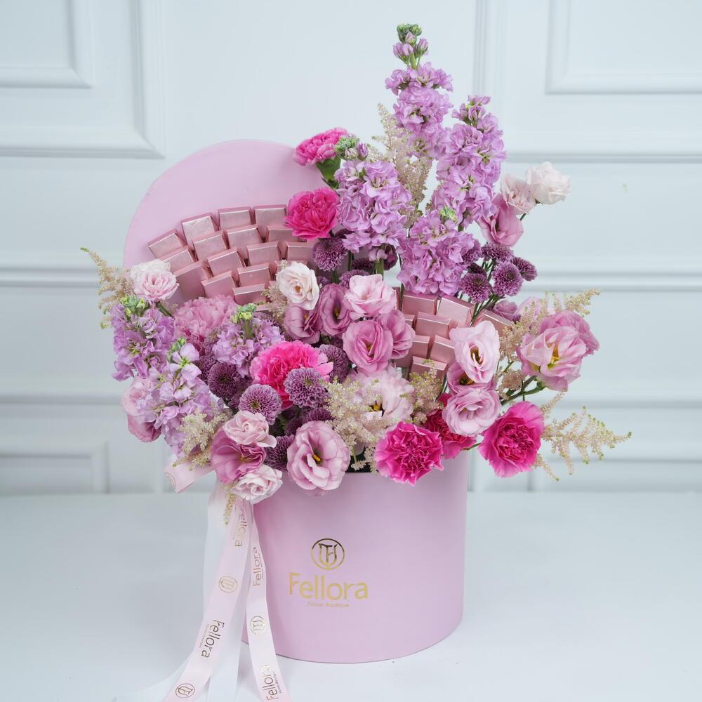 Pink Mixed Flowers And Chocolates Luxury Flower Box-C101