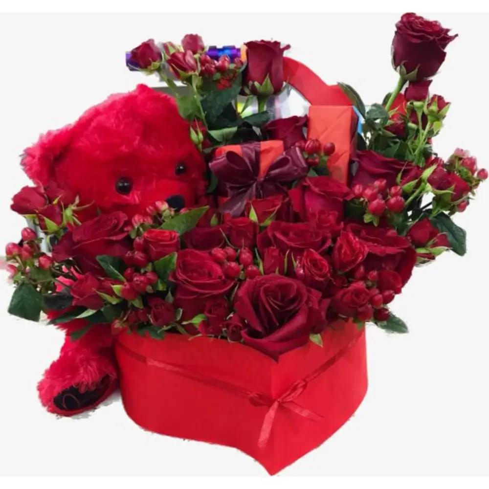 Red roses box with mix flowers, leaves and bears Nundefined