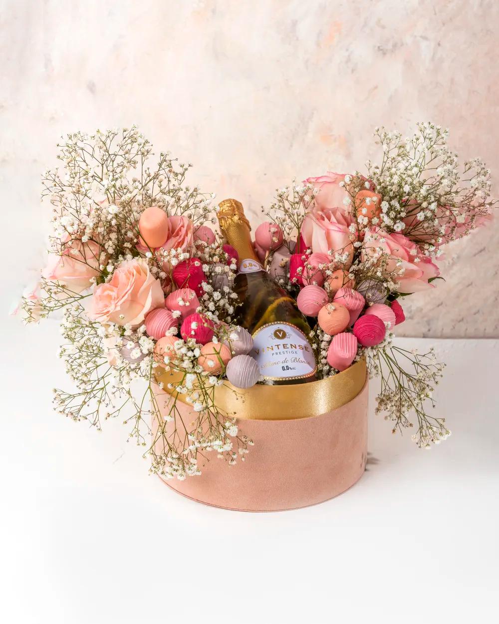 Non Alcoholic Wine, Roses and Desserts Hamper by NJDNon Alcoholic Wine, Roses and Desserts Hamper by NJD, Luxury Gift Hamper, Premium Flowers & Desserts UAE, هامبر هدايا فاخر, هدية ورود وحلويات فاخرة, هامبر نبيذ غير كحولي وورود وحلويات من NJD