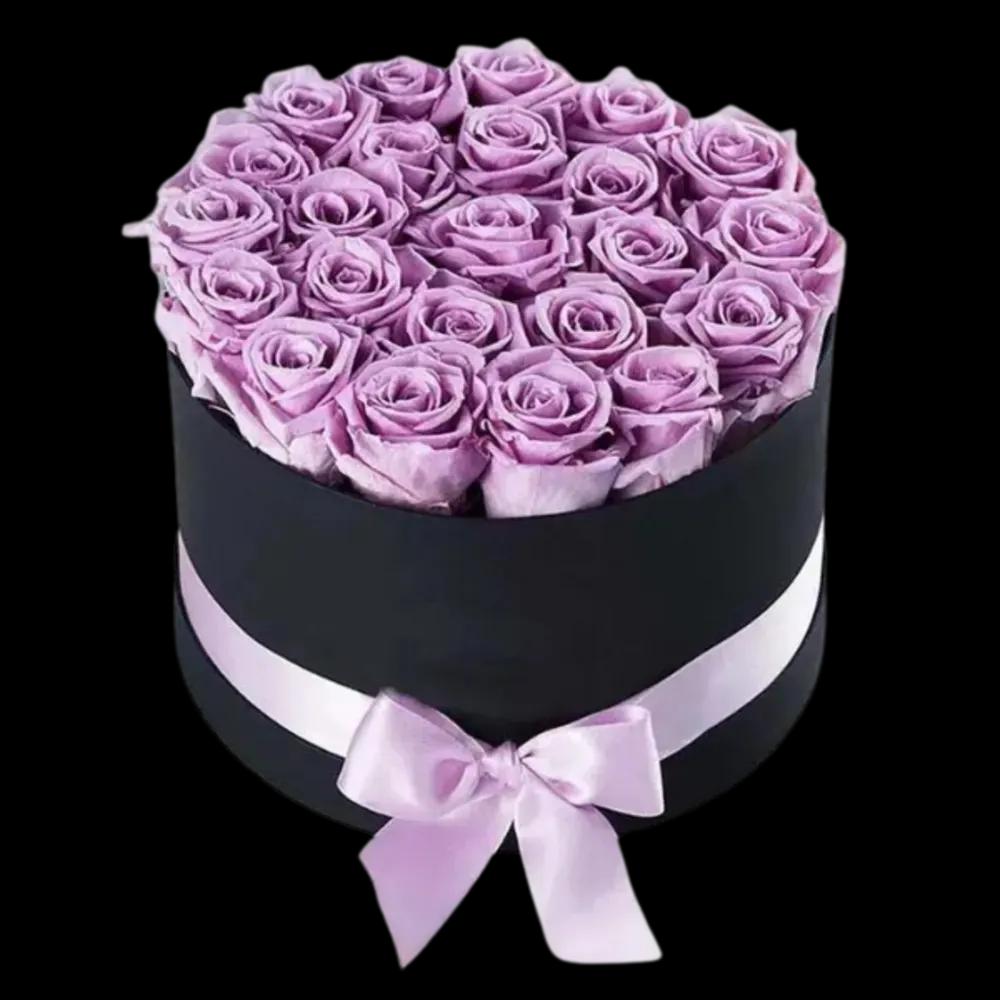 Purple Roses in Black Round Box