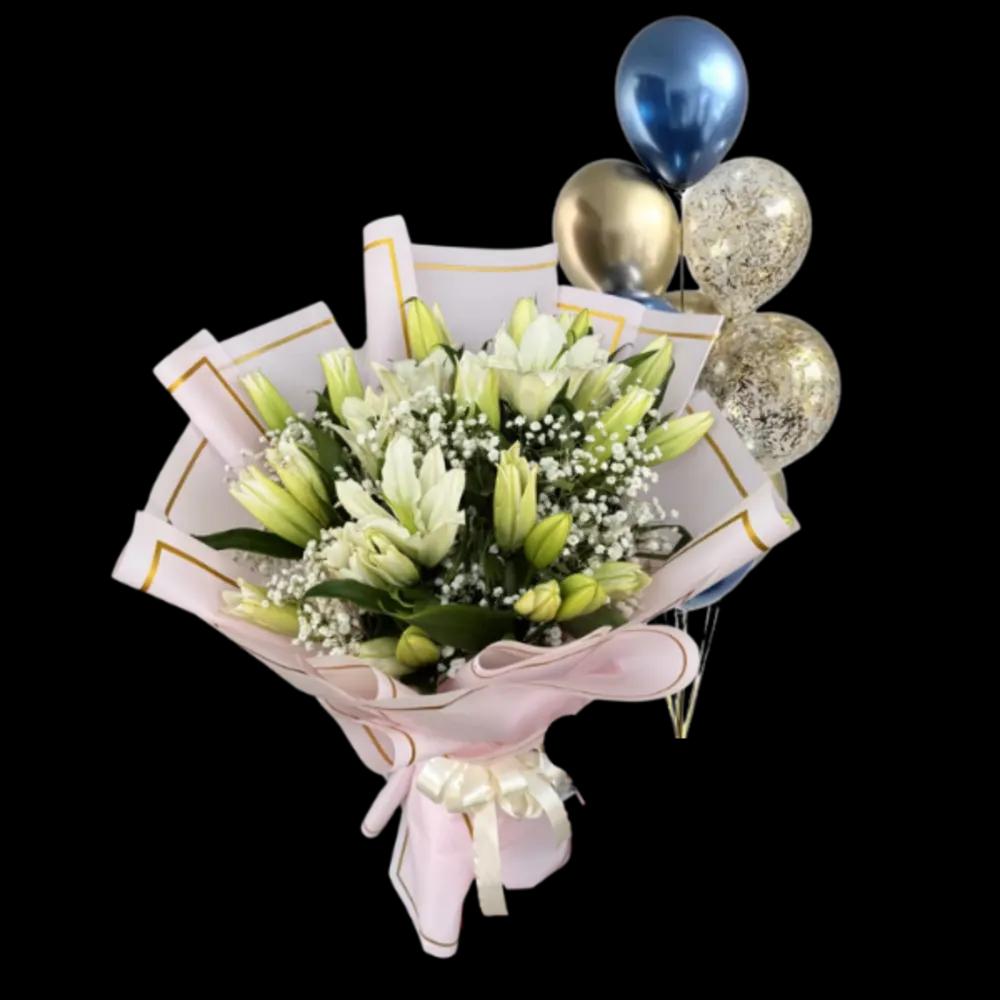 A bouquet of white tulips with a balloonundefined