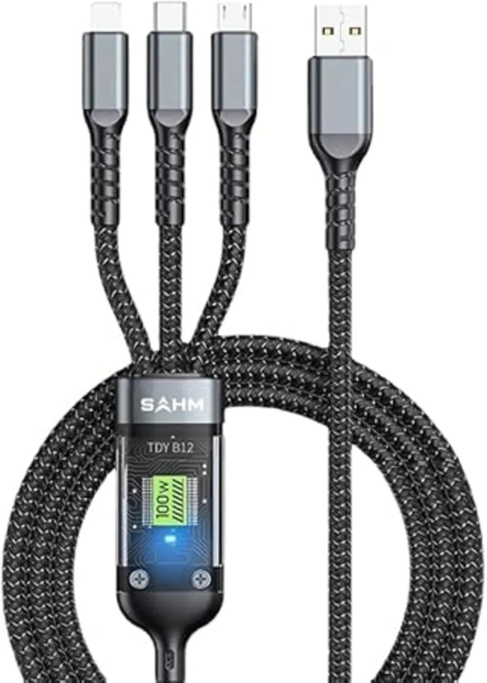 3 in 1 Multi-Charging Fast USB Cable Charger 100W Type C Micro USB Strong and Durable Nylon Black 1.2mundefined