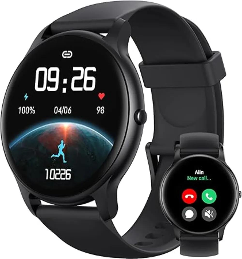 The smart watch is round, black in colorundefined