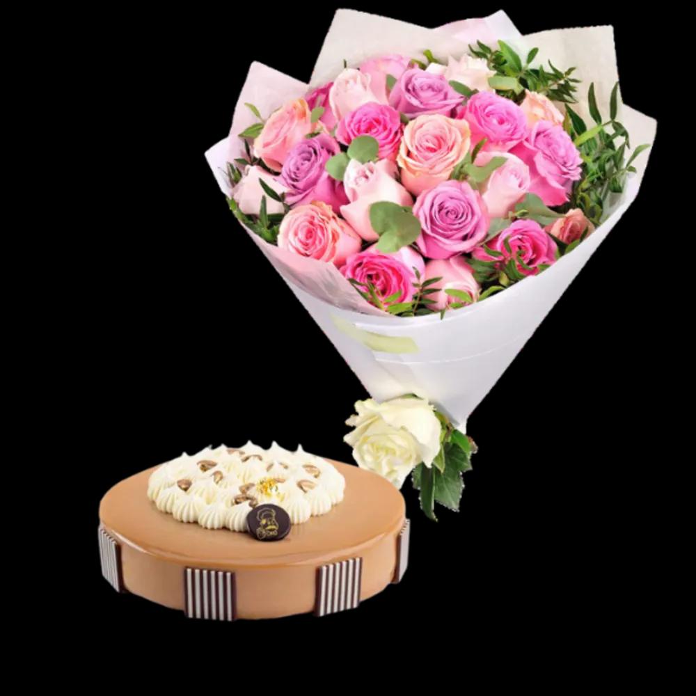 Pink Rose Bouquet with White Wrap and Cake