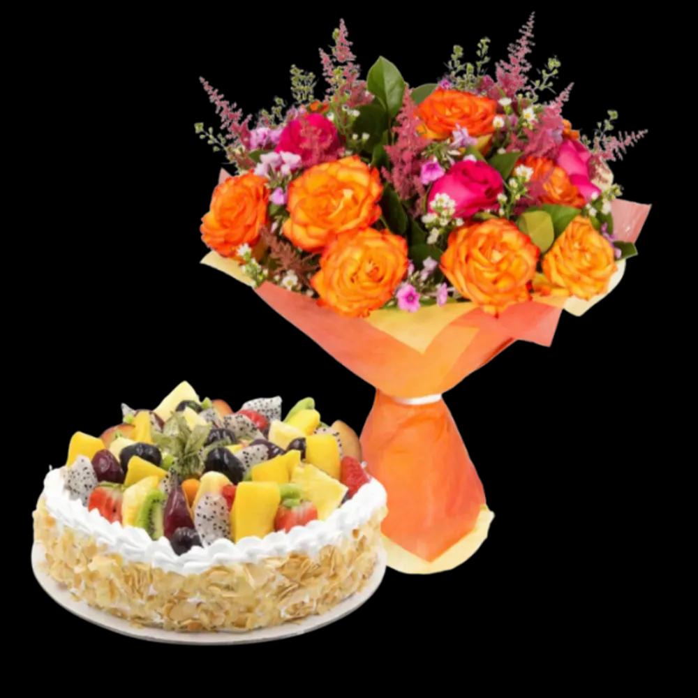 Orange and Pink Rose Bouquet and Cake