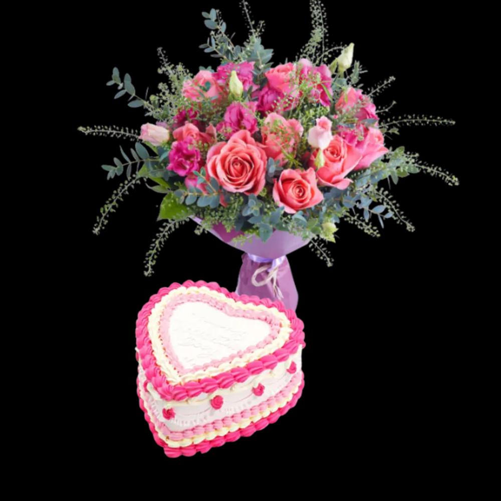 Pink Rose Bouquet with Purple Wrap and Cake
