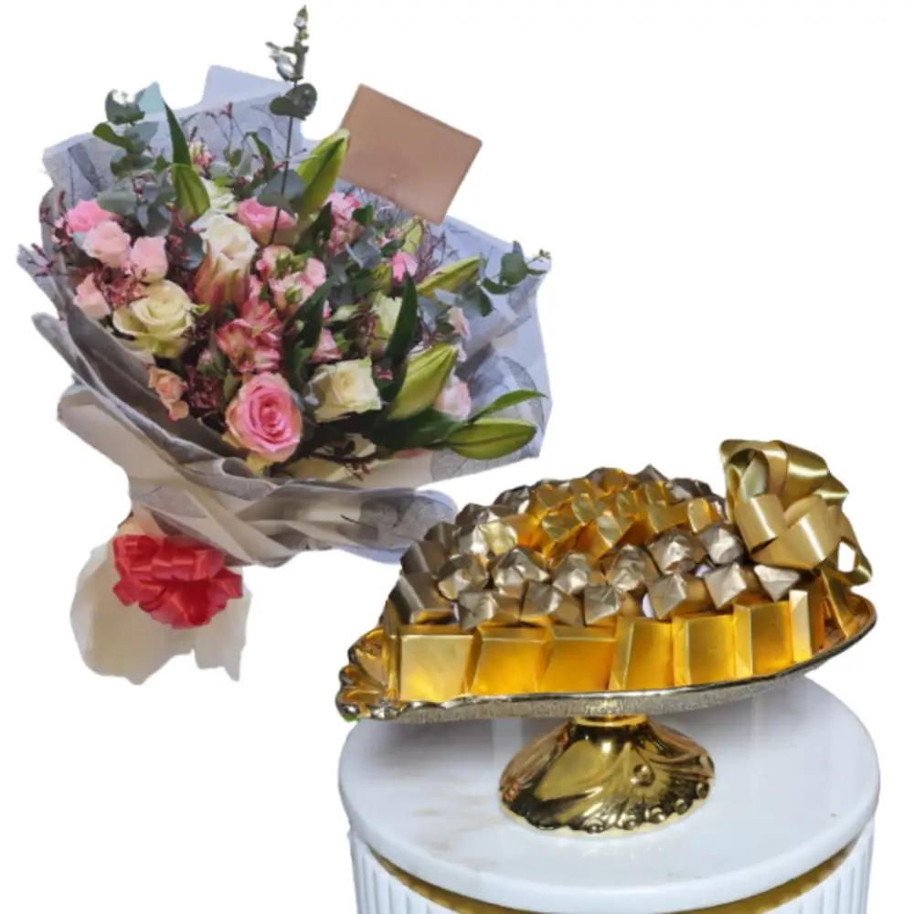 Chocolate tray5 WITH bouquet of white and pink rosesundefined