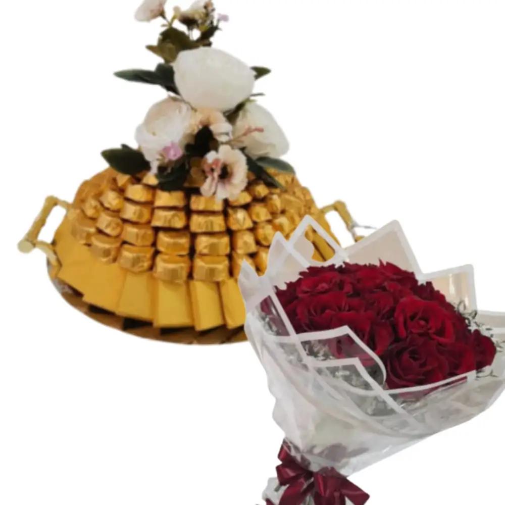red bouquet 5 with Belgian chocolate mixture tray 1.5 kgundefined