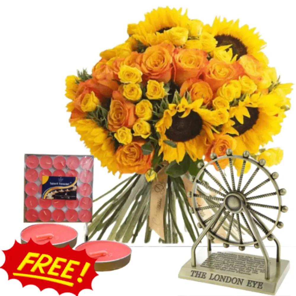 open bouquet flowing sun with souvenirs and free candleundefined