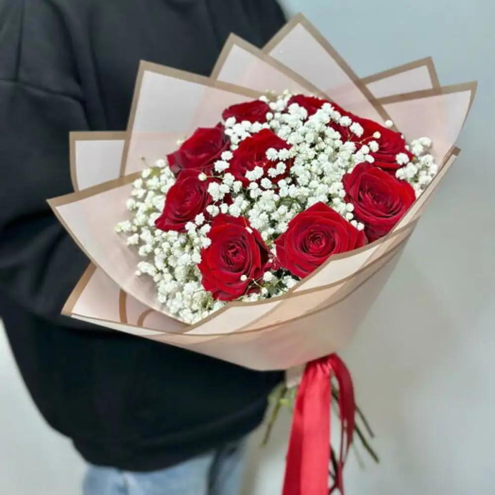 Red Roses with Gypsophila flowers