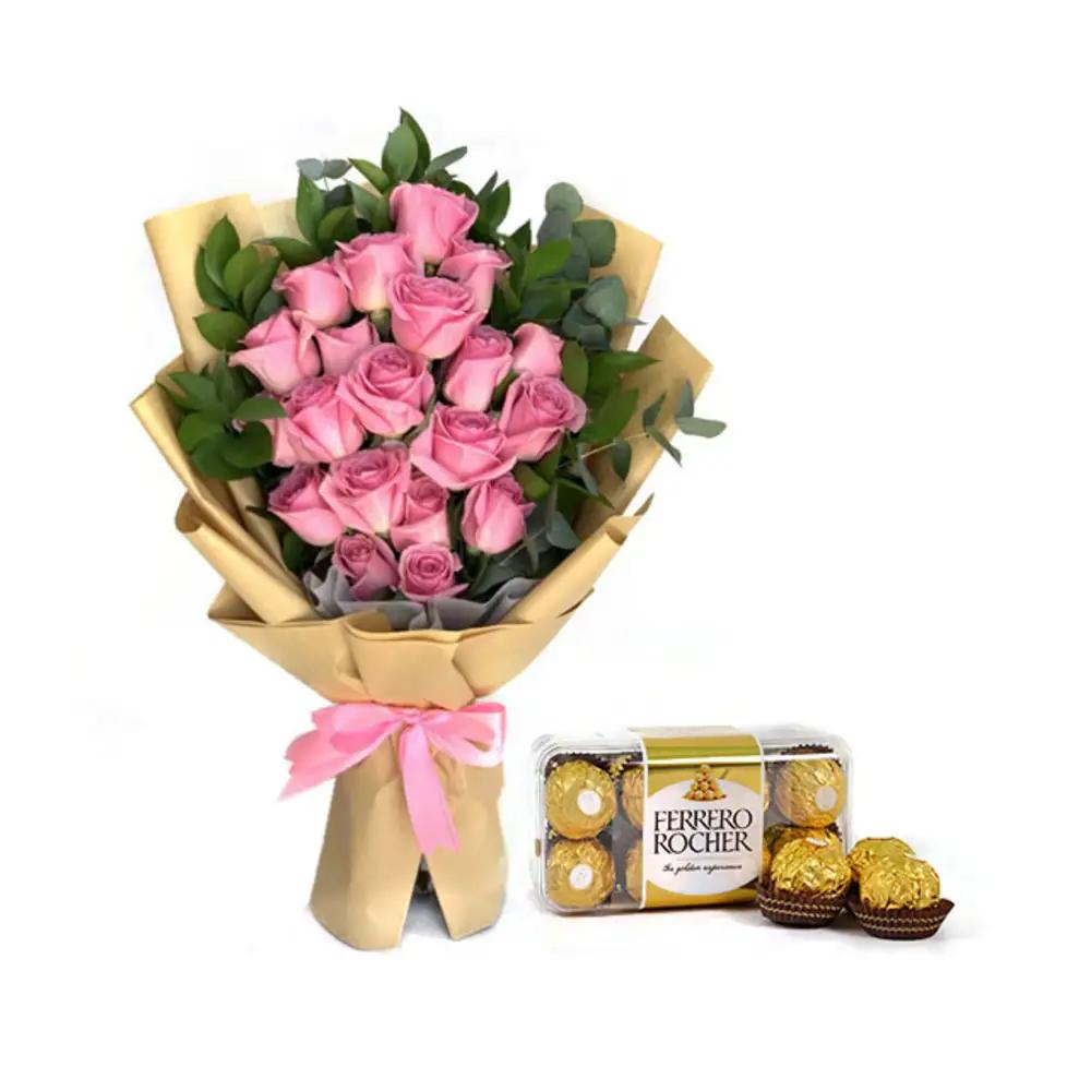 Pink Roses Ferrero ChocolateBirthday Flowers and Chocolate Gift, Happy Birthday Gift, Luxury Birthday Gift, هدية ورد وشوكولاتة عيد ميلاد, هدية عيد ميلاد, هدية عيد ميلاد فاخرة