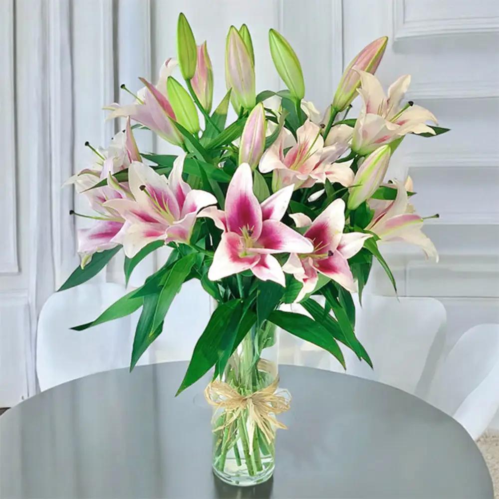 Pink Lilies with VasePink Lilies with Vase, زهور الليلي الوردي مع مزهرية, Birthday gift for wife