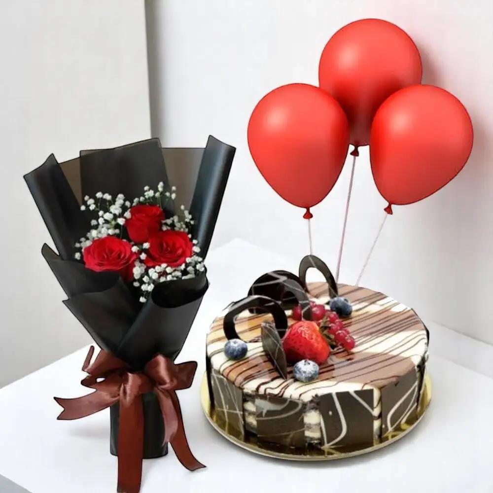 Romantic Cake Flower Combo with 3 Red Roses, Marble Cake BalloonsRomantic Gift, Flowers and Cake Gift, Celebration Gift Combo, هدية رومانسية, هدية ورد وكيك, هدية احتفال متكاملة