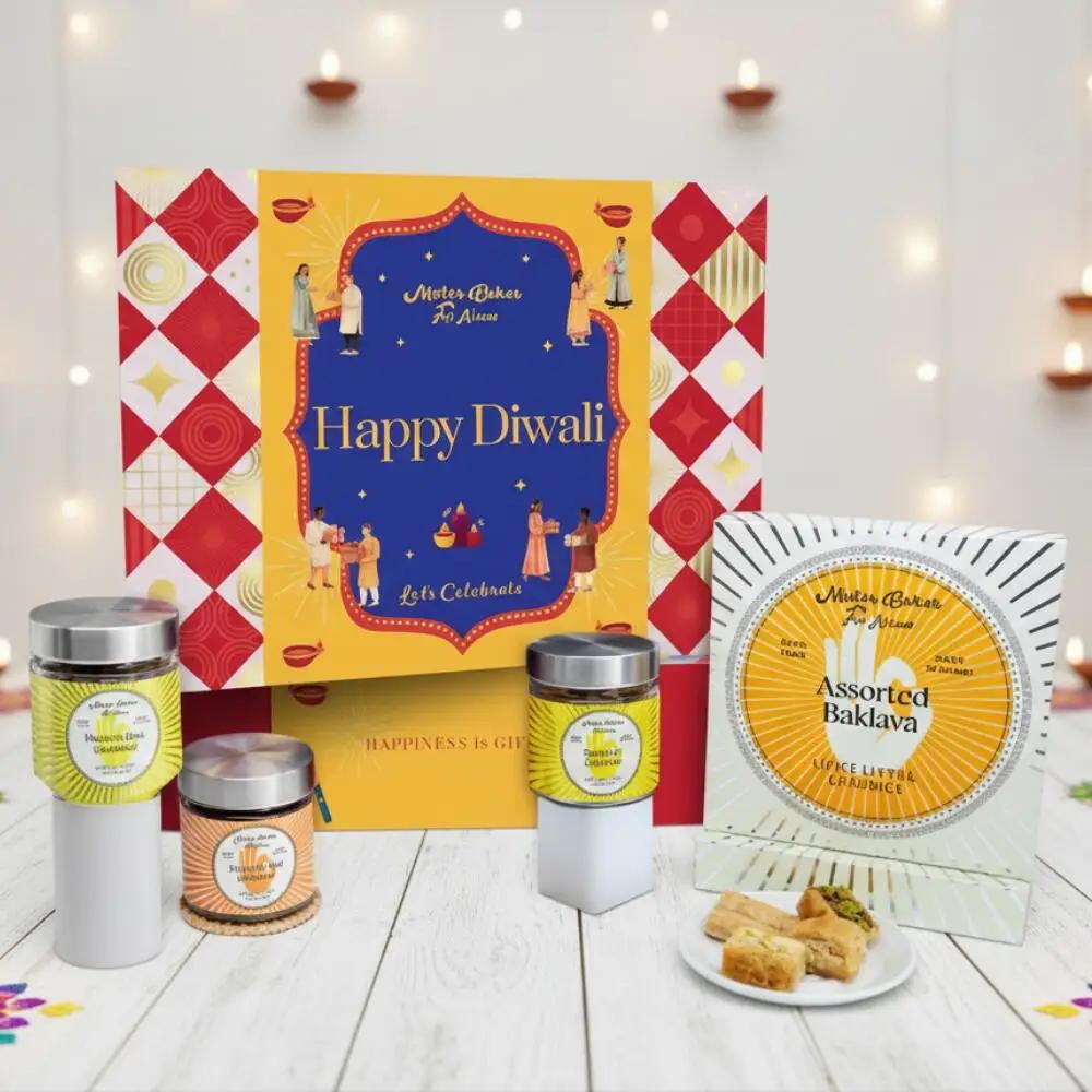 Golden Treats Diwali Hamper | Baklawa, Tandoori Cashews Wasabi Soya Cashews – Festive Crunch Flavor in Every Bite