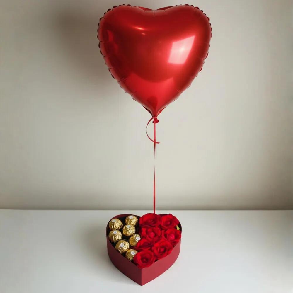 Heart Box Roses Chocolates with BalloonBirthday Gift Box, Birthday Flowers and Chocolate Gift, Happy Birthday Gift, بوكس عيد ميلاد, هدية ورد وشوكولاتة عيد ميلاد, هدية عيد ميلاد