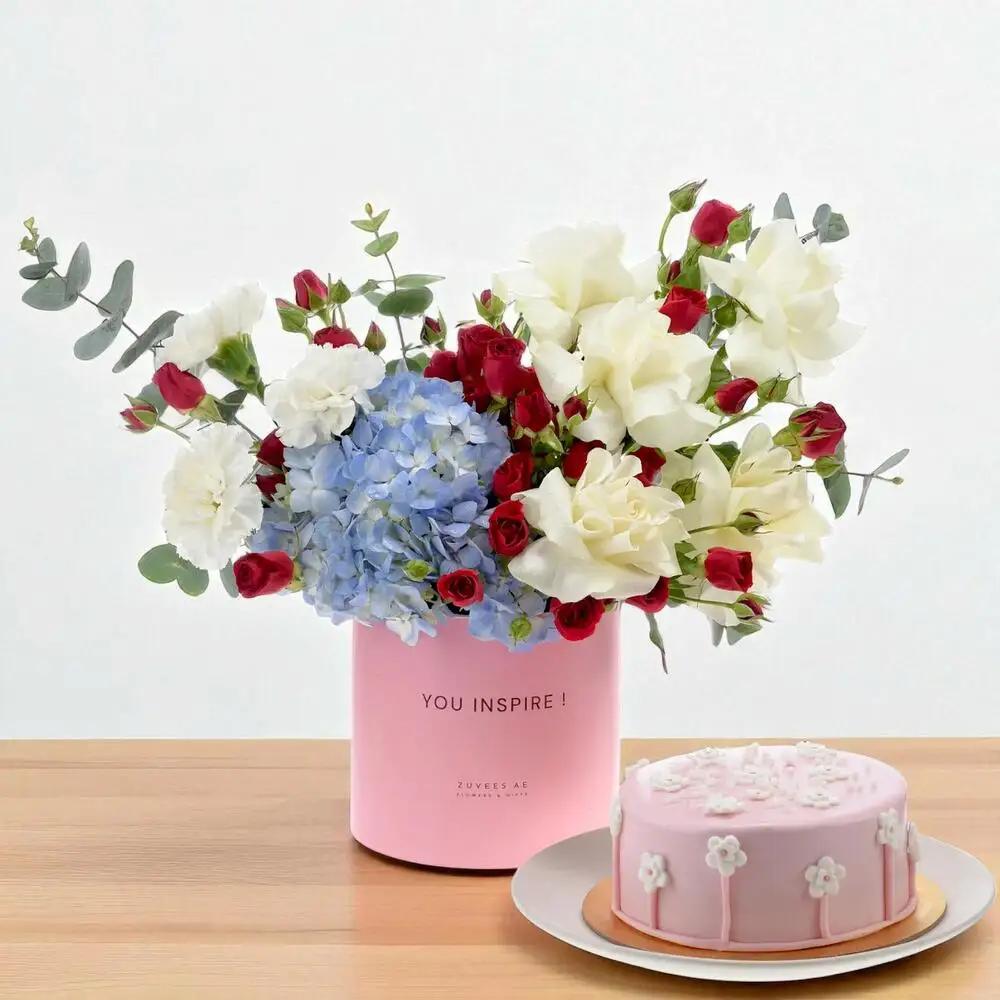 Clouds Crimson Box Cake ComboBirthday Gift, Birthday Surprise Gift, Flowers and Cake Gift, هدية عيد ميلاد, مفاجأة عيد ميلاد, هدية ورد وكيك
