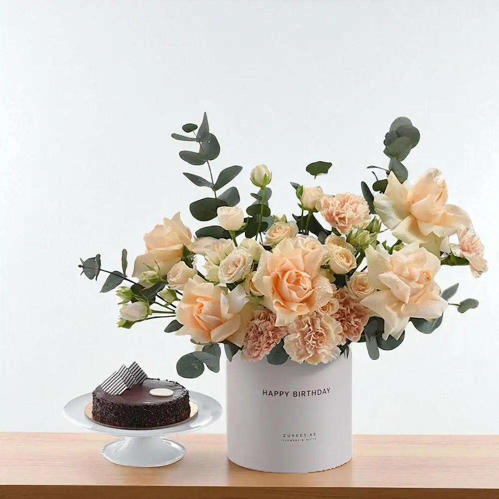 Peach Blossom Birthday Bloom Box Cake ComboBirthday Gift | Birthday Surprise Gift, Flowers and Cake Gift, هدية عيد ميلاد, مفاجأة عيد ميلاد, هدية ورد وكيك