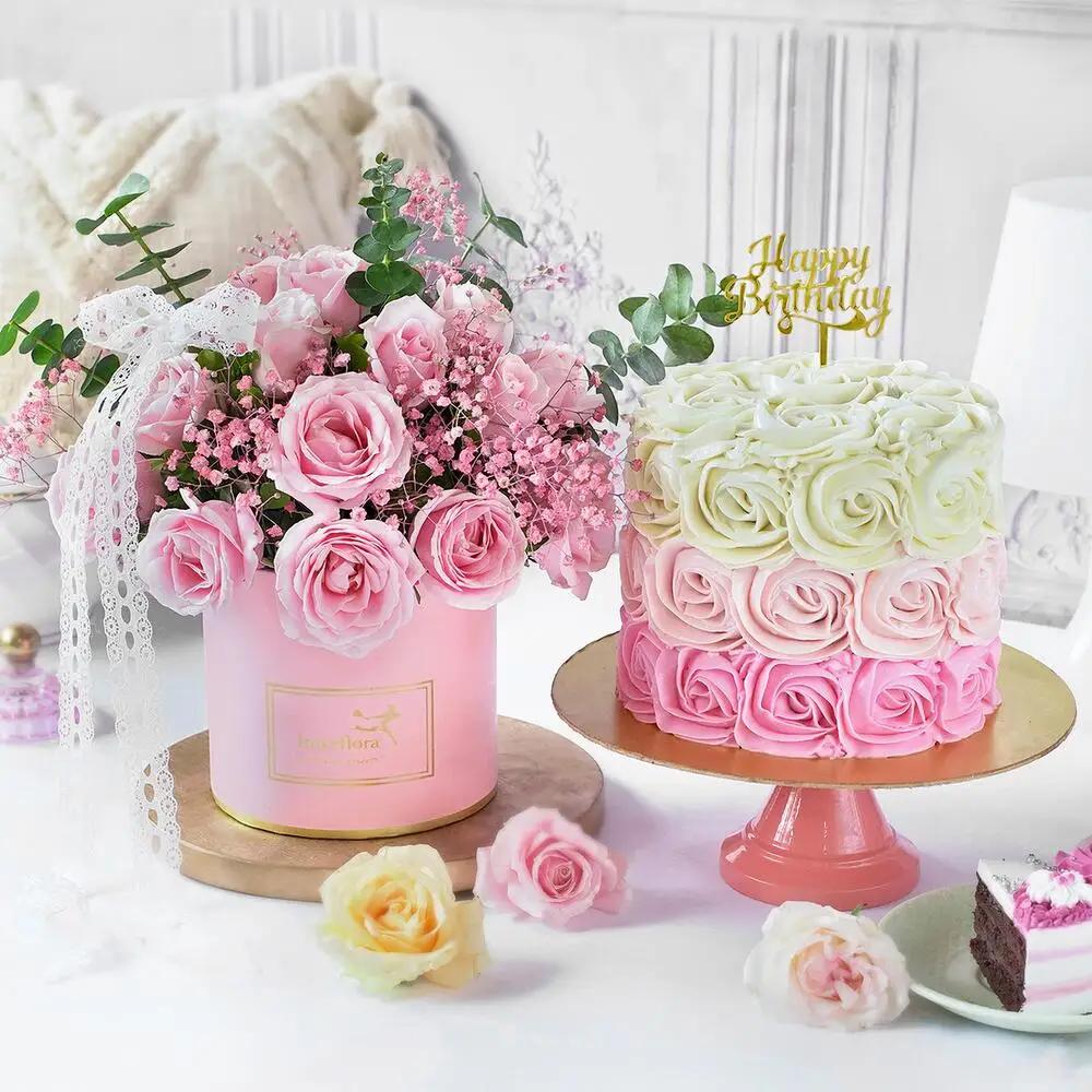 A Rosy BirthdayBirthday Gift, Birthday Surprise Gift, Flowers and Cake Gift, هدية عيد ميلاد, مفاجأة عيد ميلاد, هدية ورد وكيك
