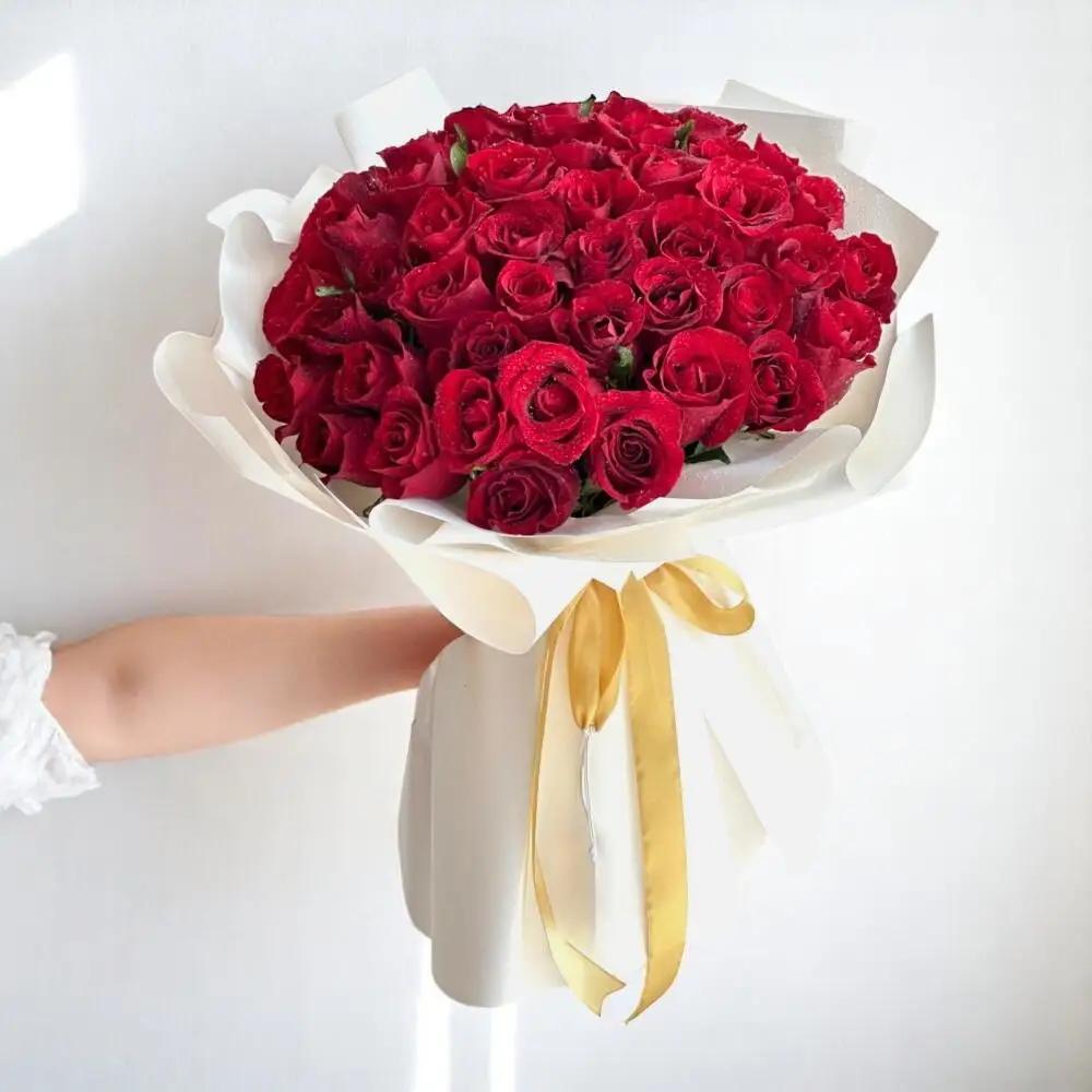 Red roses bouquet with white roses and gypso roses N