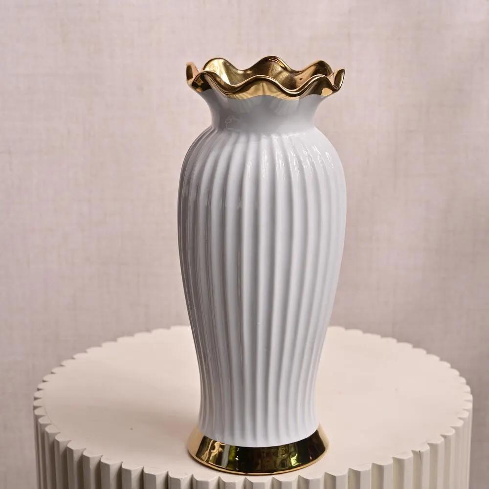 White Ceramic Vase with Gold Rim 6818