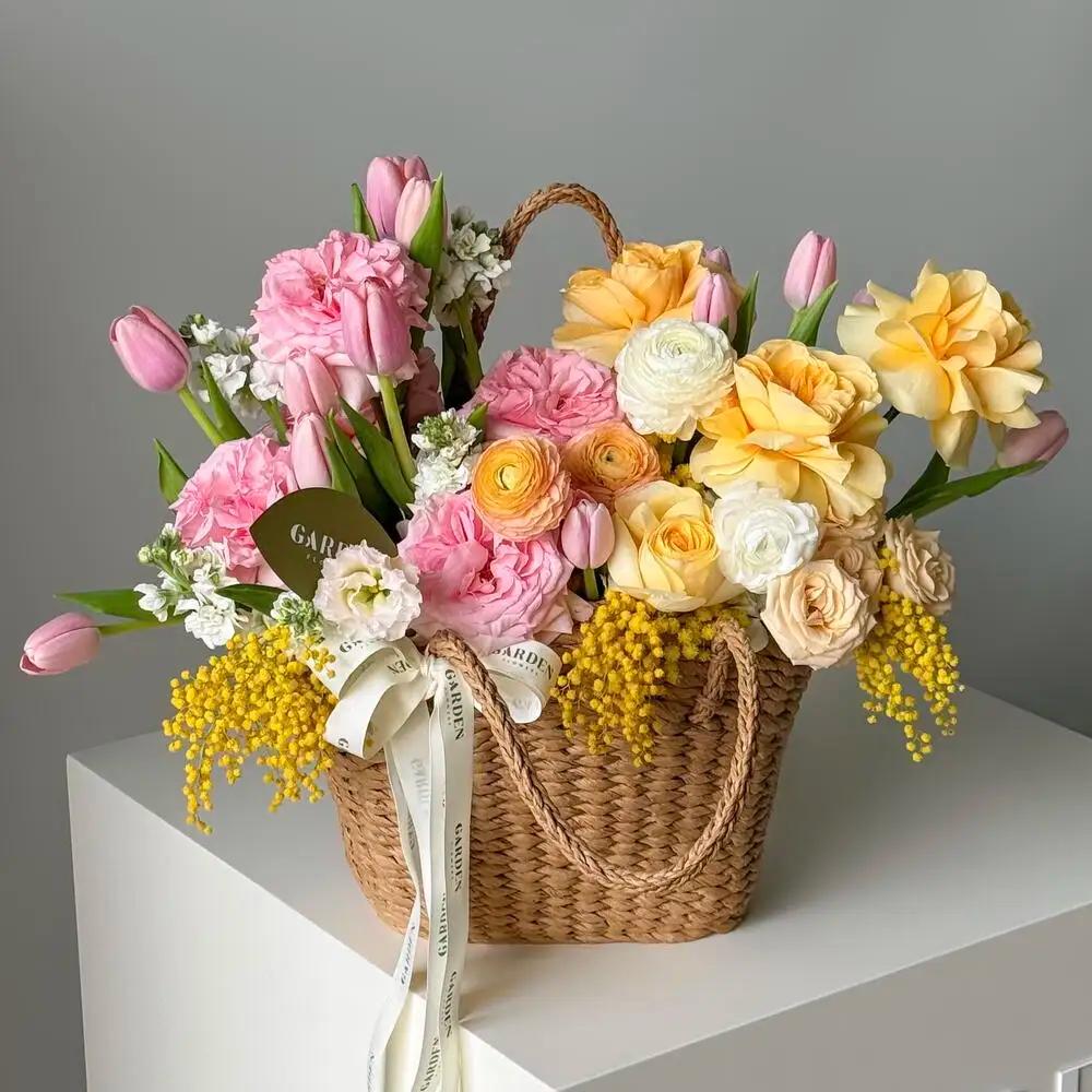 «Capri» basket (50*50 cm)— ranunculus, tulip, O hara rose, mimosa