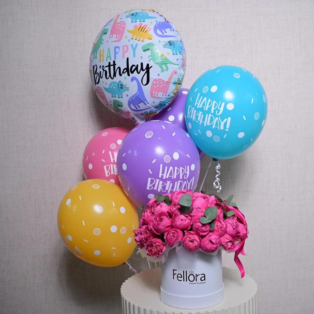 6 Birthday Dots Sprinkles Latex Balloons, 1 Birthday Foil Balloon, and 1 Pink Peony Roses Flower Box-5732Birthday Flowers, Birthday Balloons Gift, Happy Birthday Gift, ورد عيد ميلاد, هدية بالونات عيد ميلاد, هدية عيد ميلاد