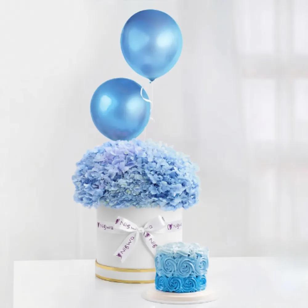 Aurora Blue Balloons Arrangement And Ombre Cake ComboBaby Boy Gift, Welcome Baby Gift, Baby Gift, هدية مولود ولد, هدية استقبال مولود, هدية أطفال