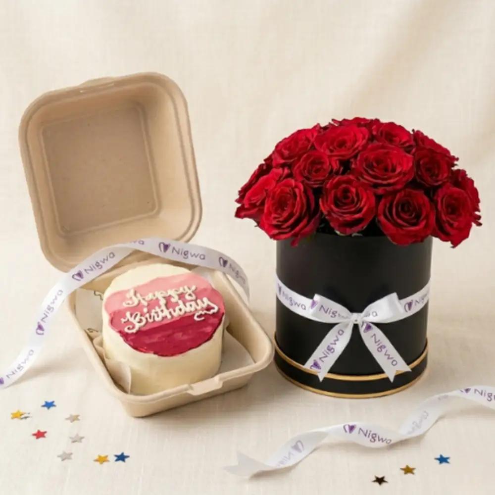 – Vanilla Bento Cake with flowers boxBirthday Gift, Birthday Surprise Gift, Flowers and Cake Gift, هدية عيد ميلاد, مفاجأة عيد ميلاد, هدية ورد وكيك