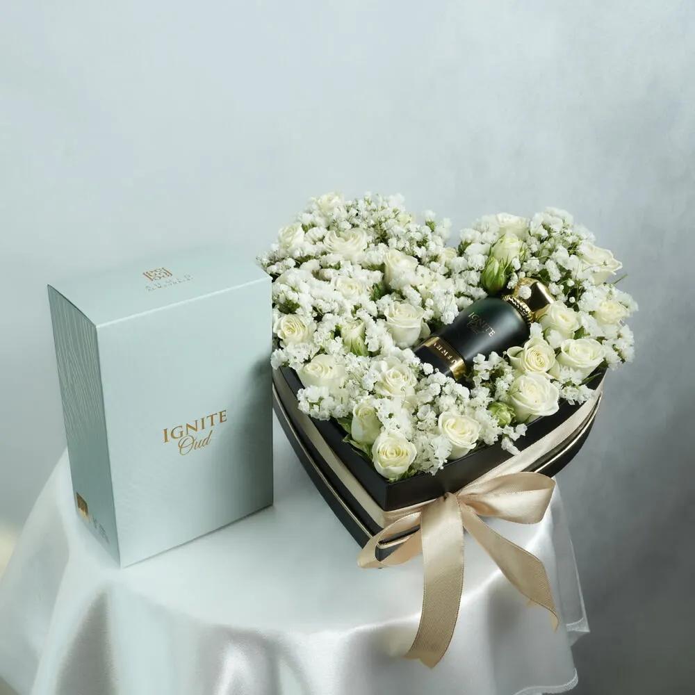 Ahmed Al Maghribi Ignite Oud Classic Flowers Heart box 7158Luxury Graduation Gift UAE, Graduation Gift, Perfume & Flower Gift, هدية تخرج فاخرة, هدية تخرج, هدية عطر وورد