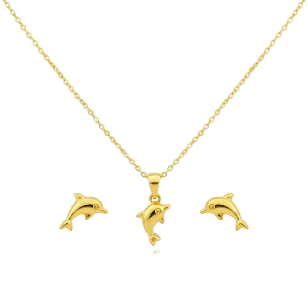 18K Real Gold Dolphine Necklace And Earring Set