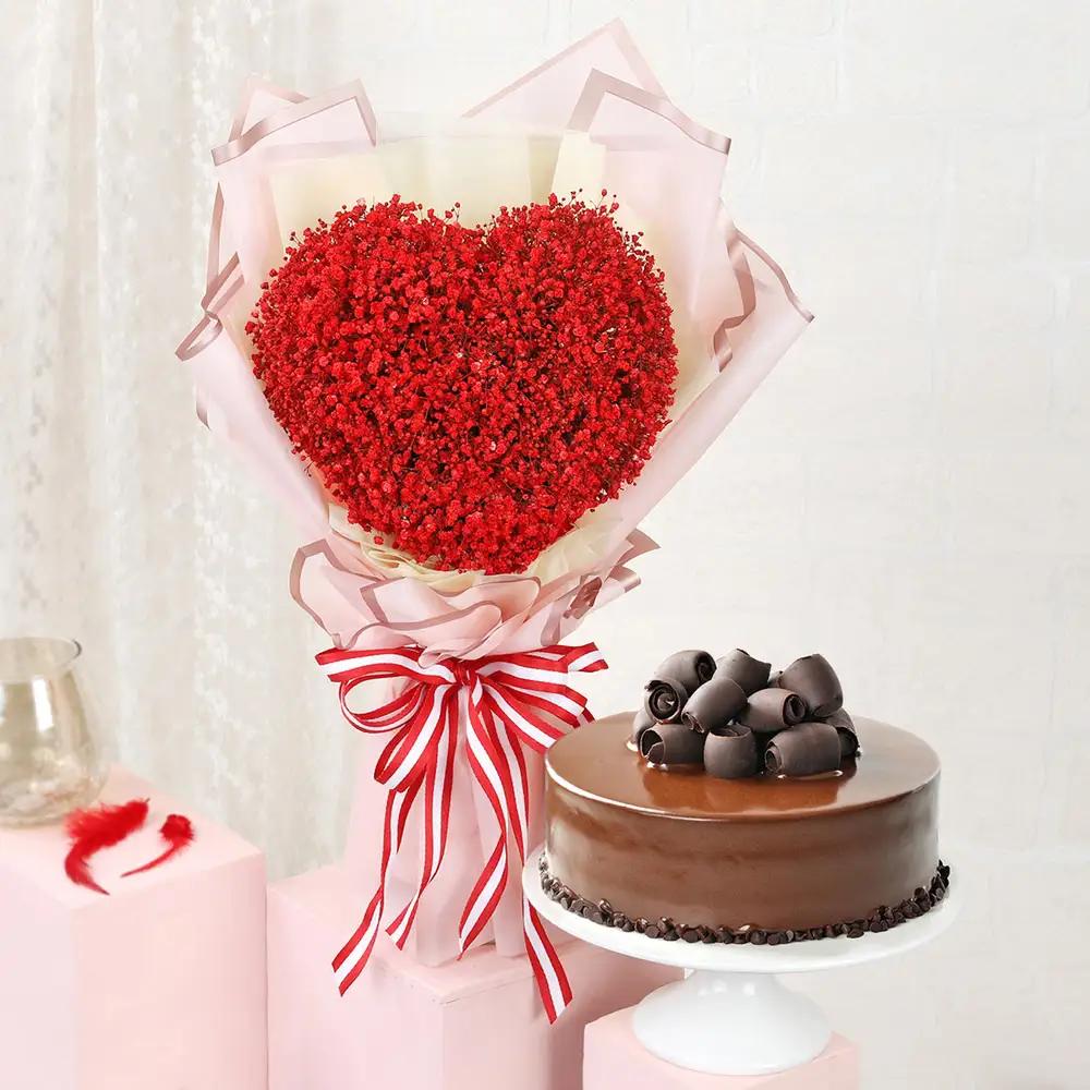 Red Baby's Breath And Choco Fudge CakeBirthday Surprise Gift, Flowers and Cake Gift, Luxury Gift Combo, مفاجأة عيد ميلاد, هدية ورد وكيك, هدية فاخرة متكاملة